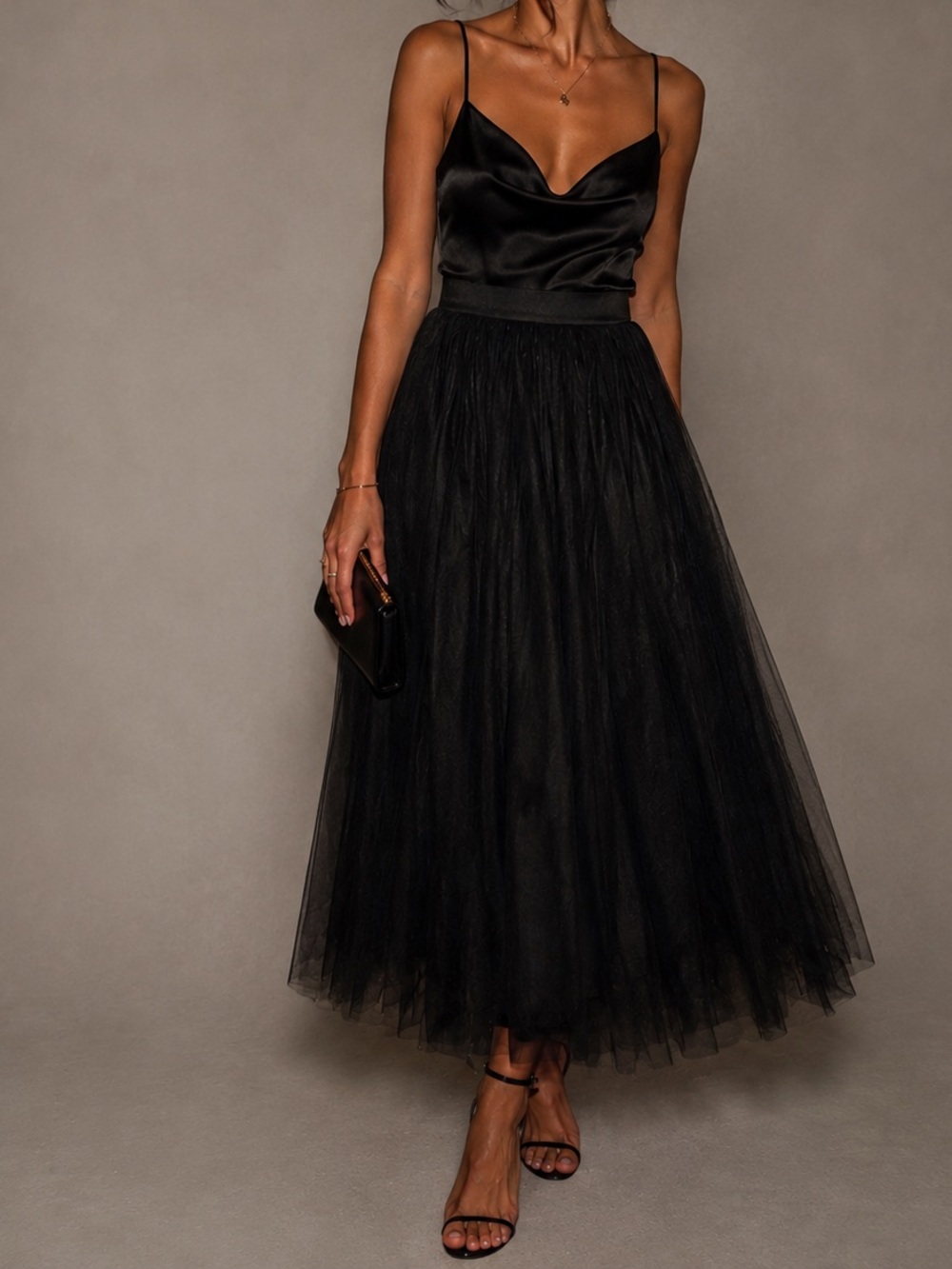 Anthropologie Black A-Line Tulle Midi Skirt